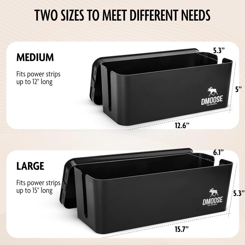 DMoose  Cable Management Box - 2 Pack Medium & Large Cord Organizer for Desk & Floor, Cable Organizer Box for Child & Pet - Cable Box Hider for Tidy Office & Home, Power Strip Cover (Black - Pack of 2) - Image 2